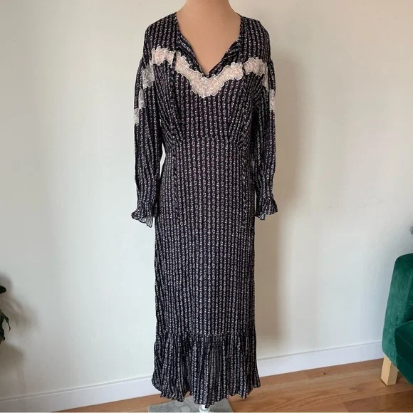 Sandro Marceau Lace-Inset Floral Prairie Cottagecore Midi Dress NWT Size 36/US S - Picture 2 of 10